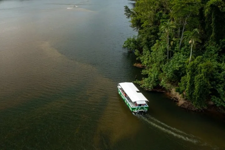 Vista aérea de un barco turístico blanco navegando por un río ancho junto a un bosque denso