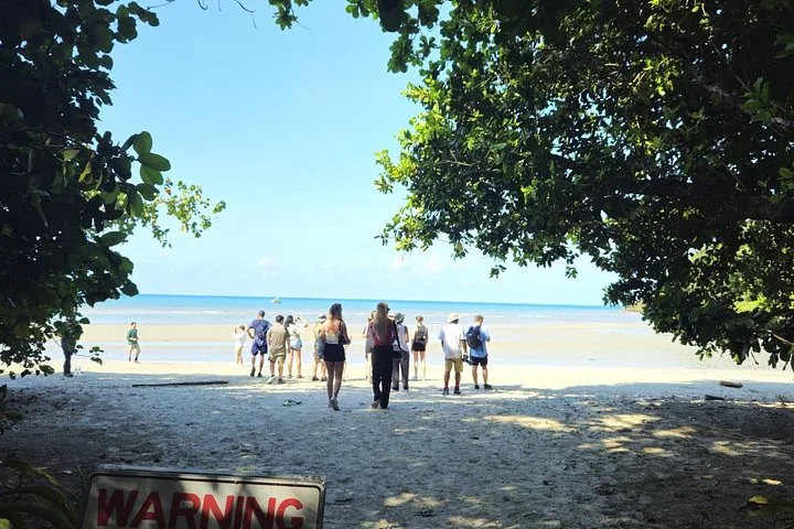 Eine Gruppe von Menschen steht an einem Sandstrand und blickt auf den ruhigen Ozean.